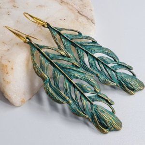 Light Large Feather Earrings Antique Gold Green Patina Feather Leaf